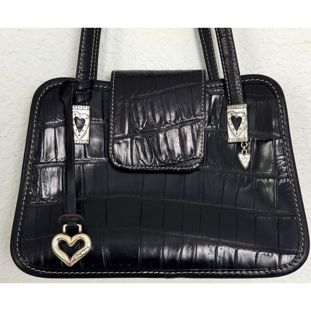 Brighton Black Leather Dual Straps Satchel Small Hand Bag Silver Heart Charm‎